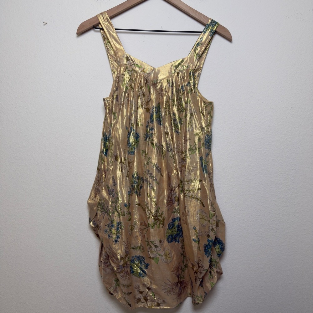 LaRok Women 100% Silk Mini Party Dress Small Metallic Floral Print Bubble Hem
